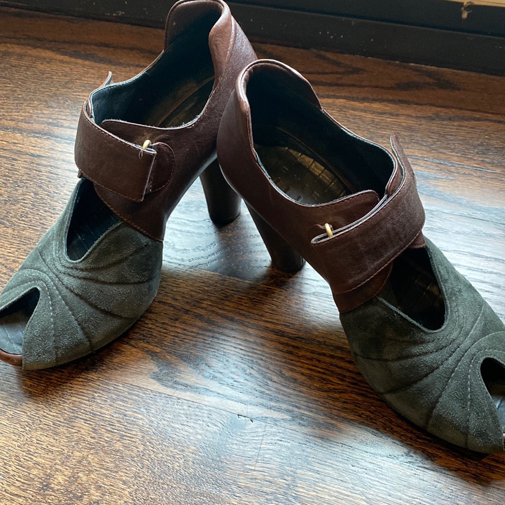 High heel open toe suede and leather